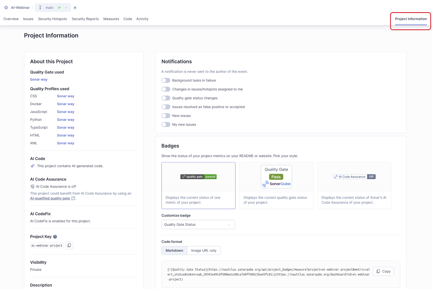 Details of project settings on the project information page