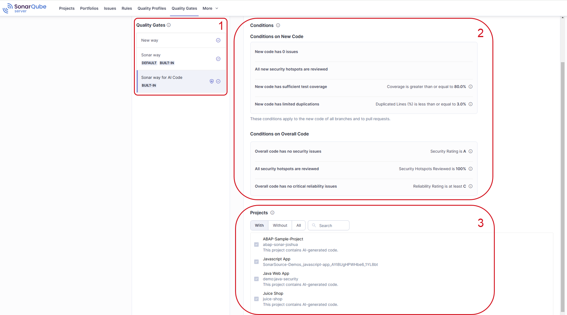 Select a quality gate, define its conditions on new and overall code, then assign to projects.