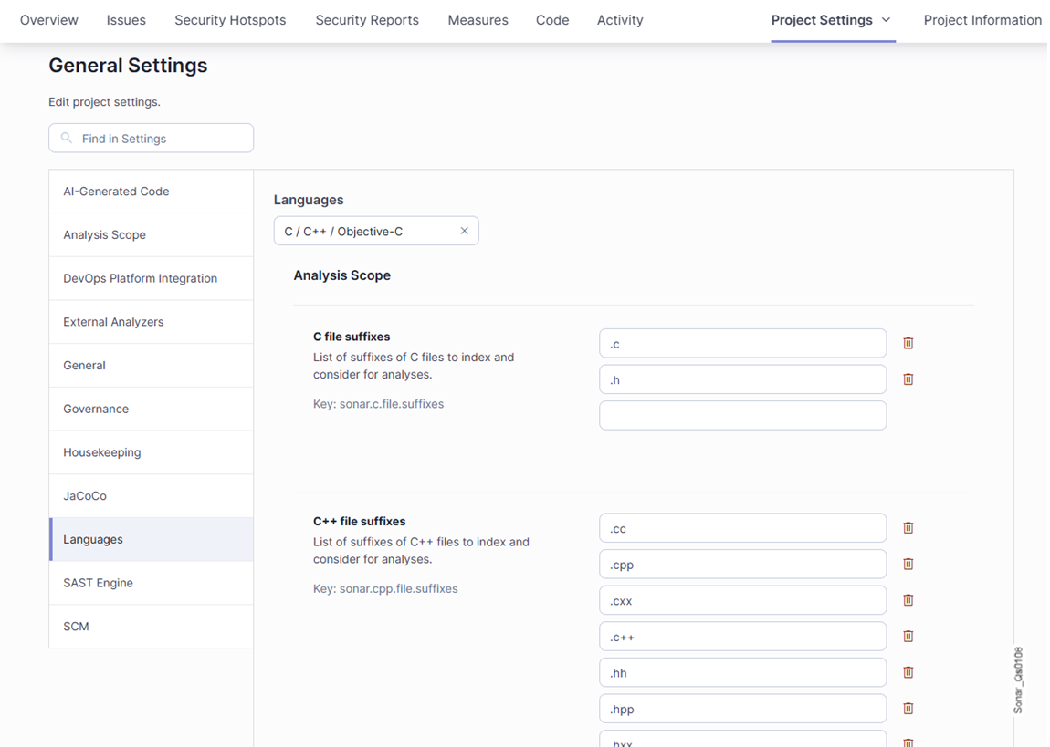 Defining file suffixes in SonarQube UI