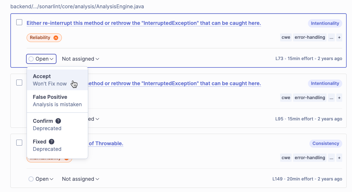Changing the status of an issue